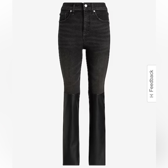 EXPRESS | Super High Waisted Faux Leather Paneled '90s Slim Jeans - Picture 1 of 9